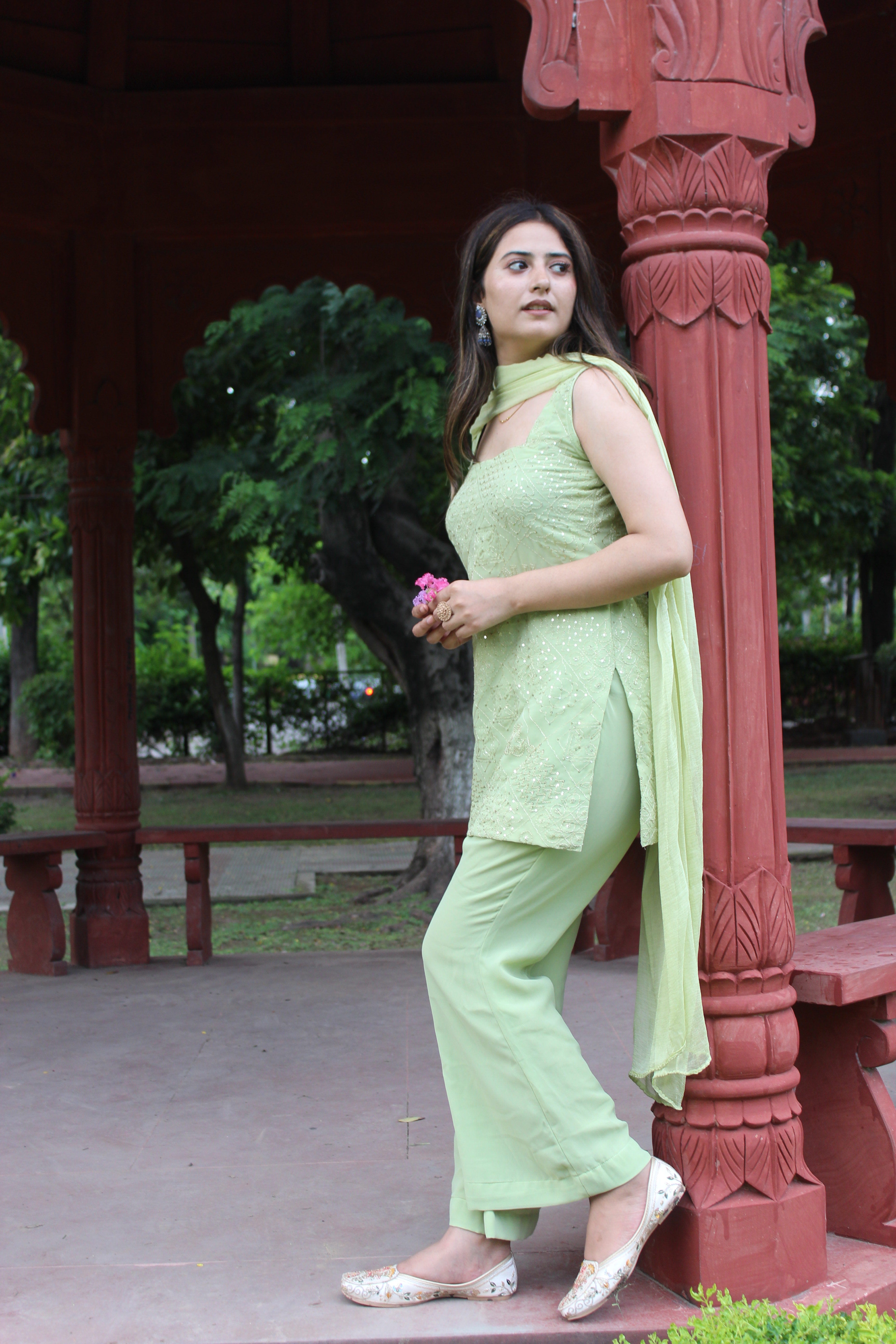 Green Parallel Suit with Dupatta