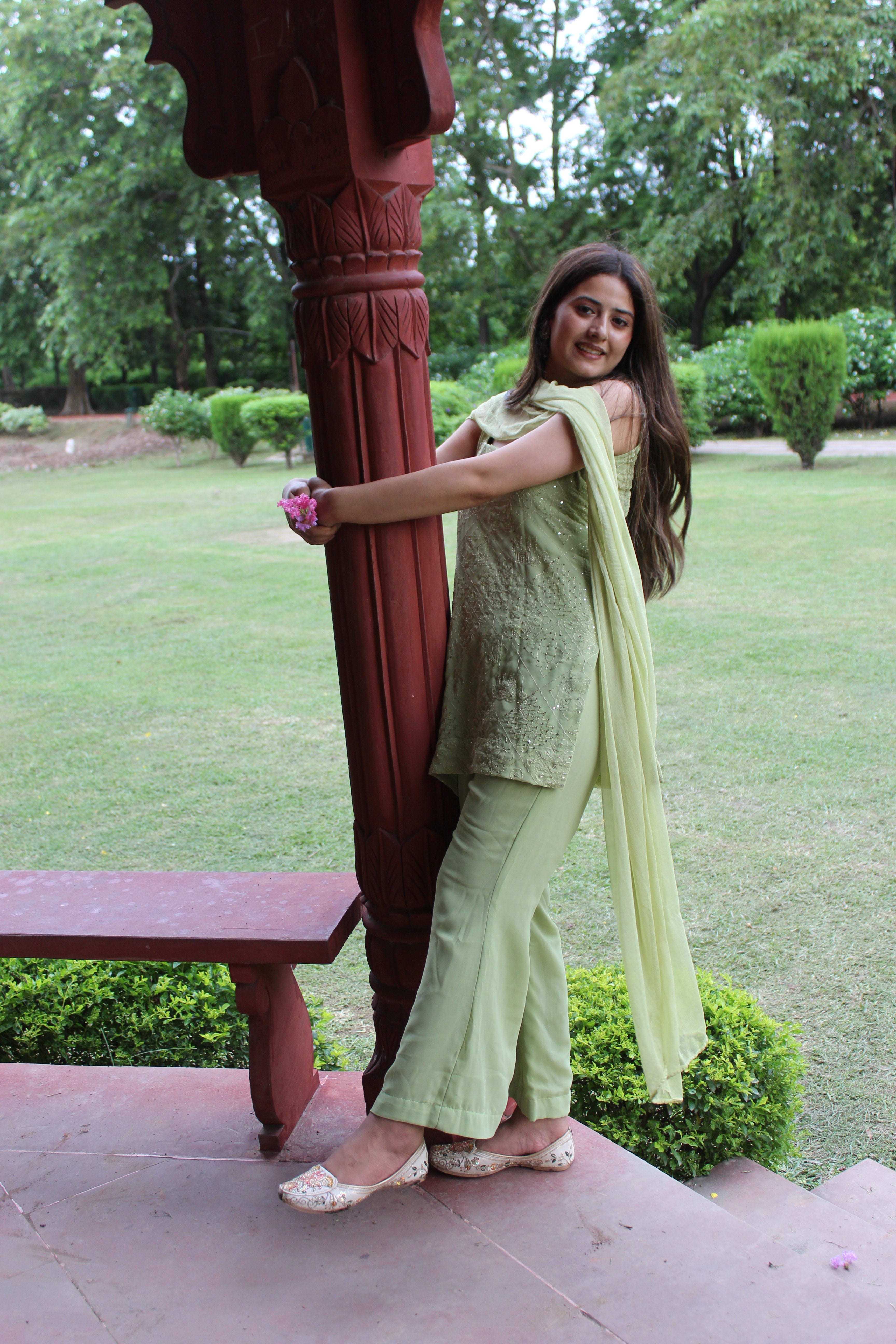 Green Parallel Suit with Dupatta
