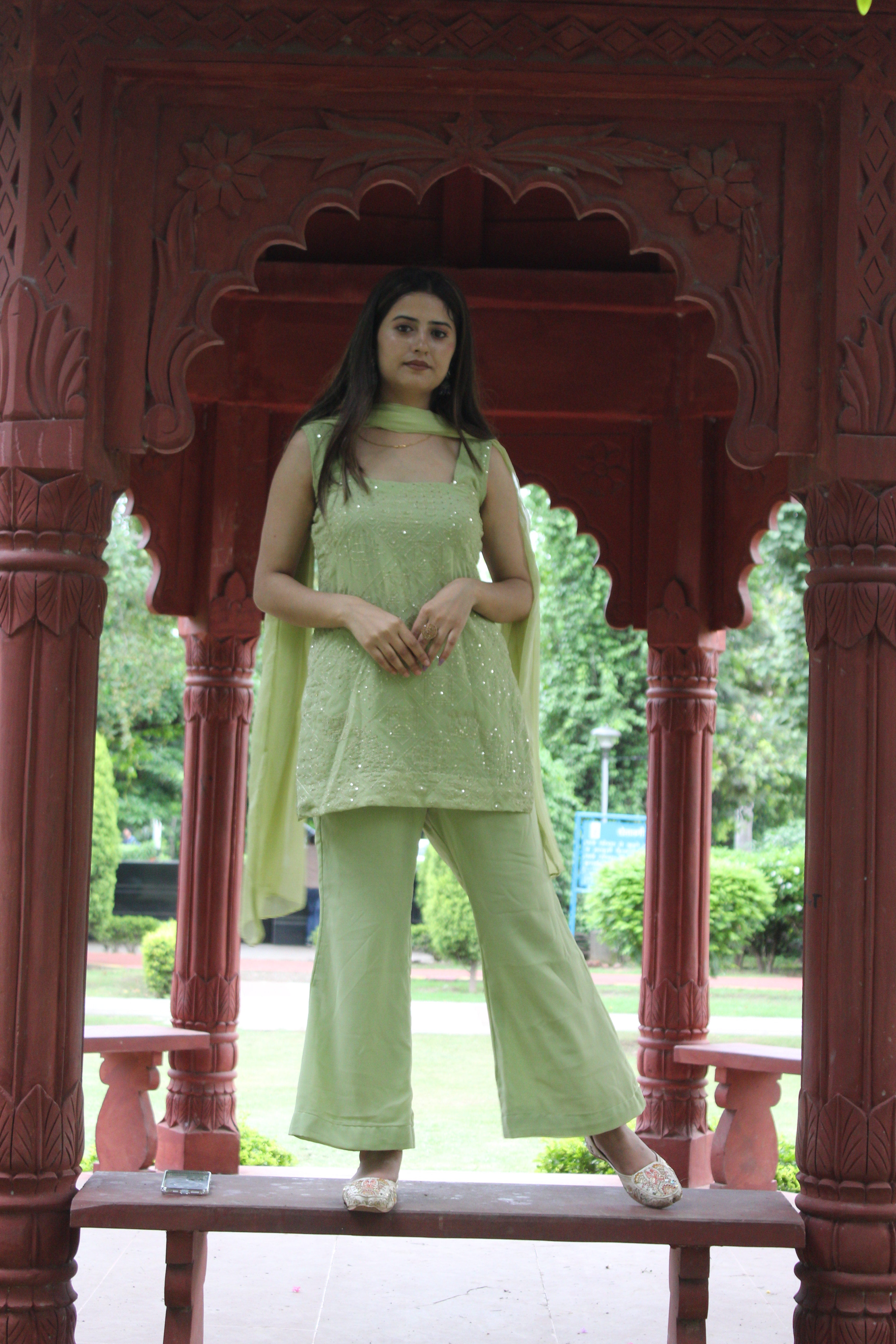 Green Parallel Suit with Dupatta