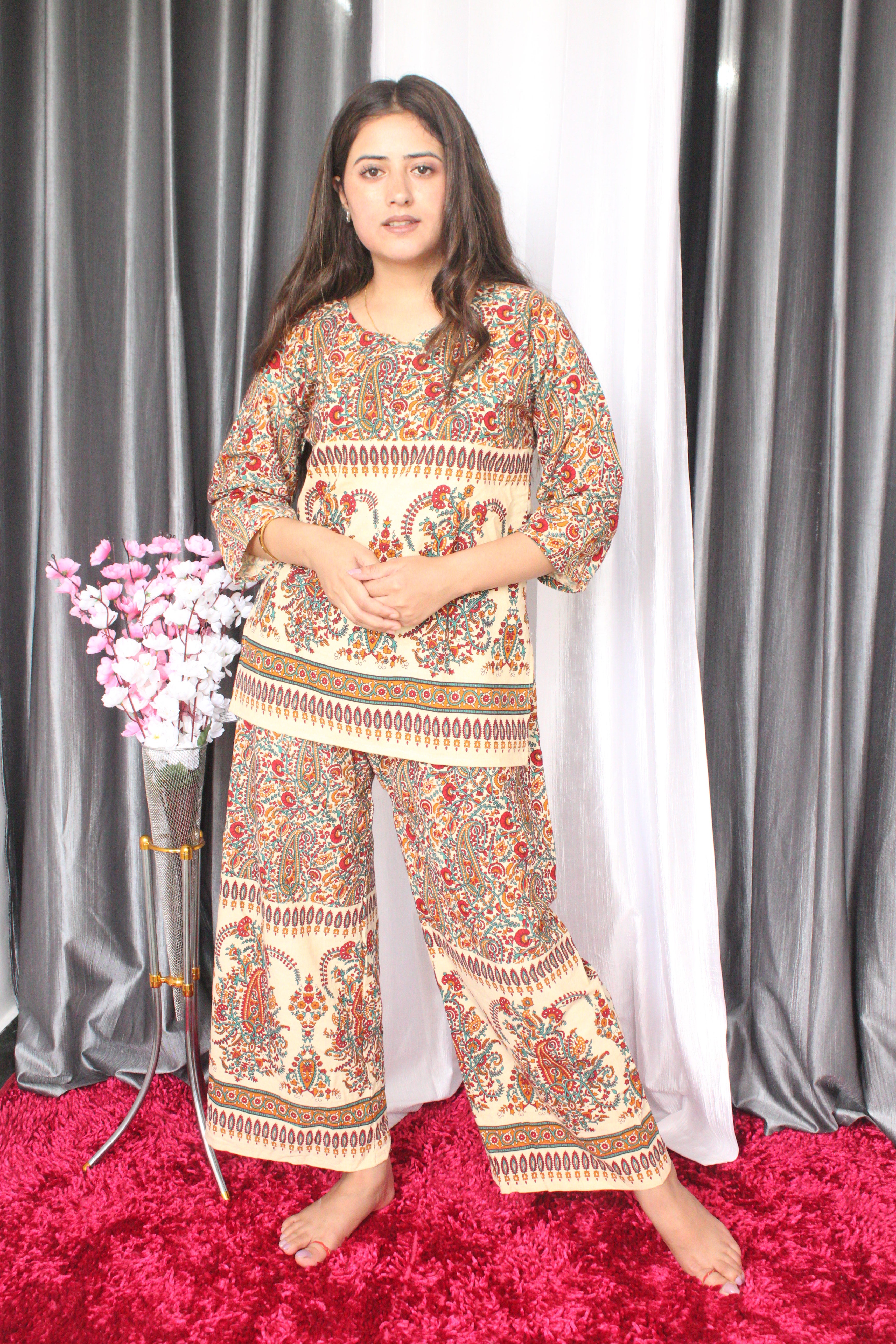 Palazzo Top Co-Ord Set Jaipuri Print Cotton Fabric Co-Ord Set ( Top & Palazzo )