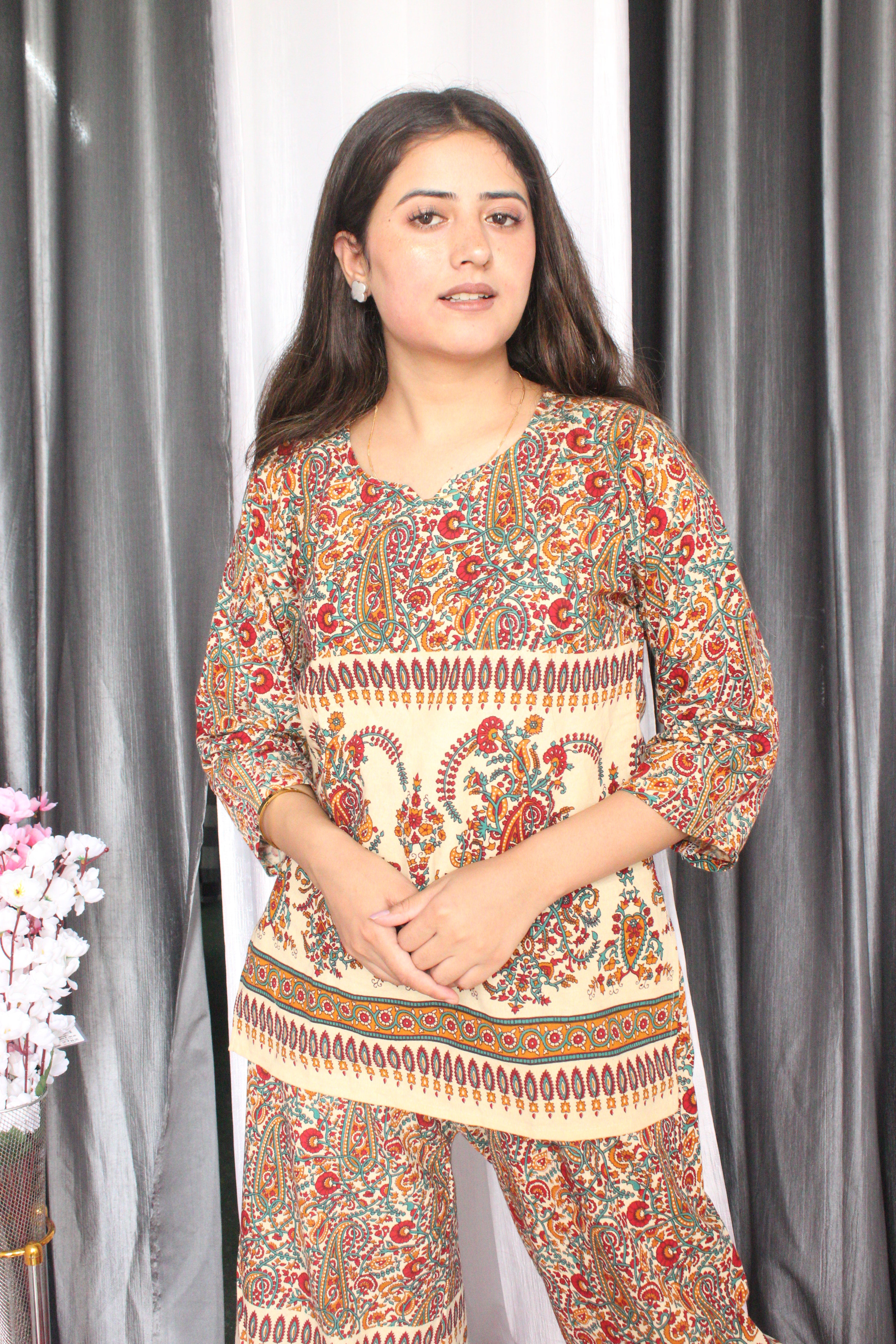 Palazzo Top Co-Ord Set Jaipuri Print Cotton Fabric Co-Ord Set ( Top & Palazzo )