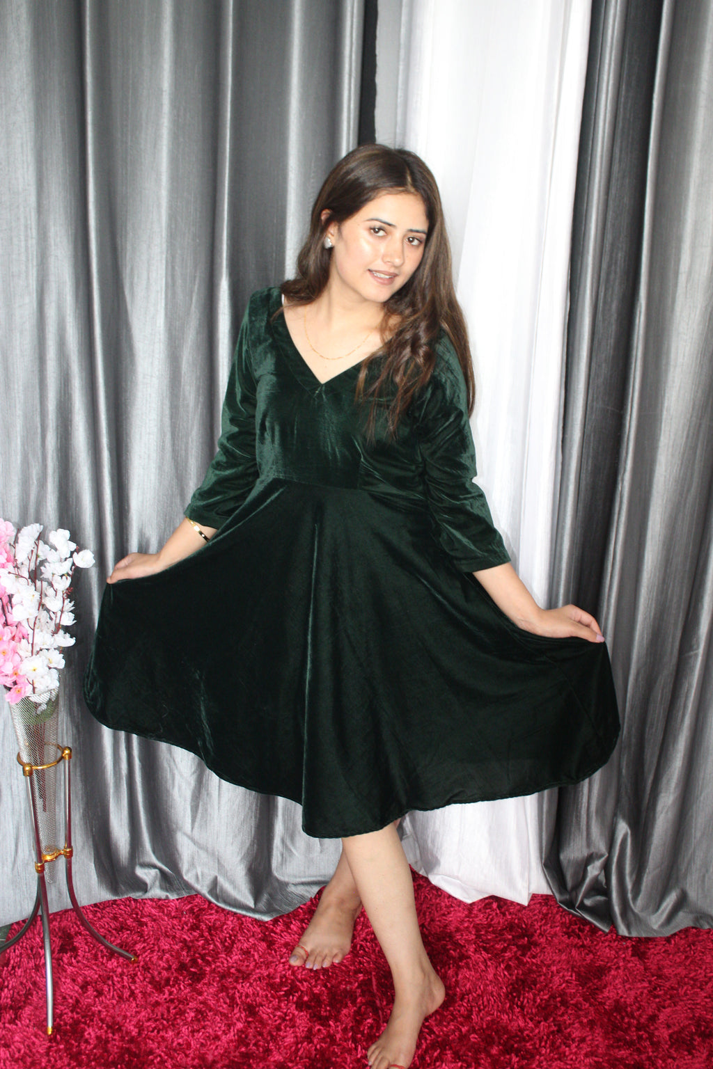 Velvet Knee-Length Dress V-SHAPED NECK