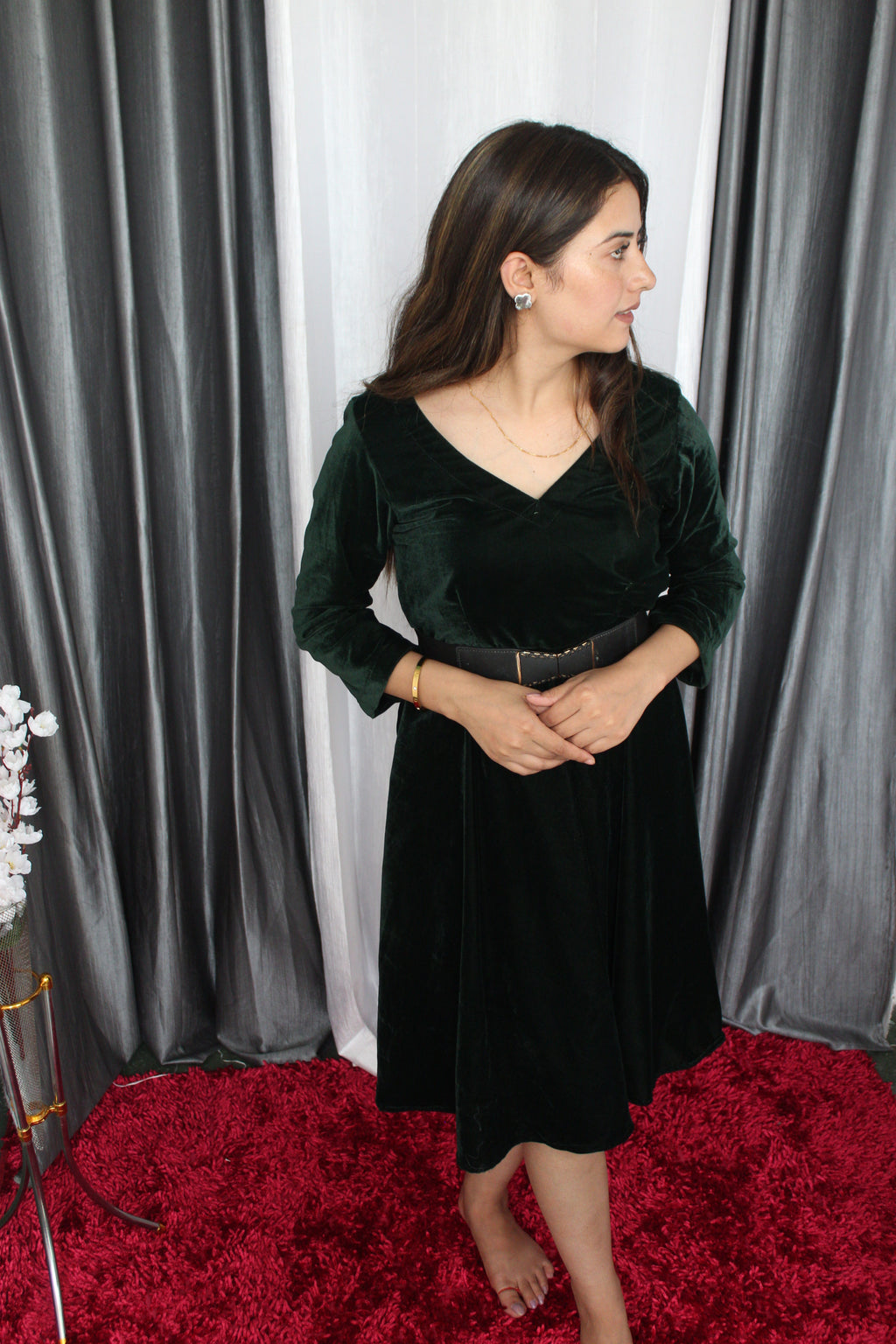 Velvet Knee-Length Dress V-SHAPED NECK