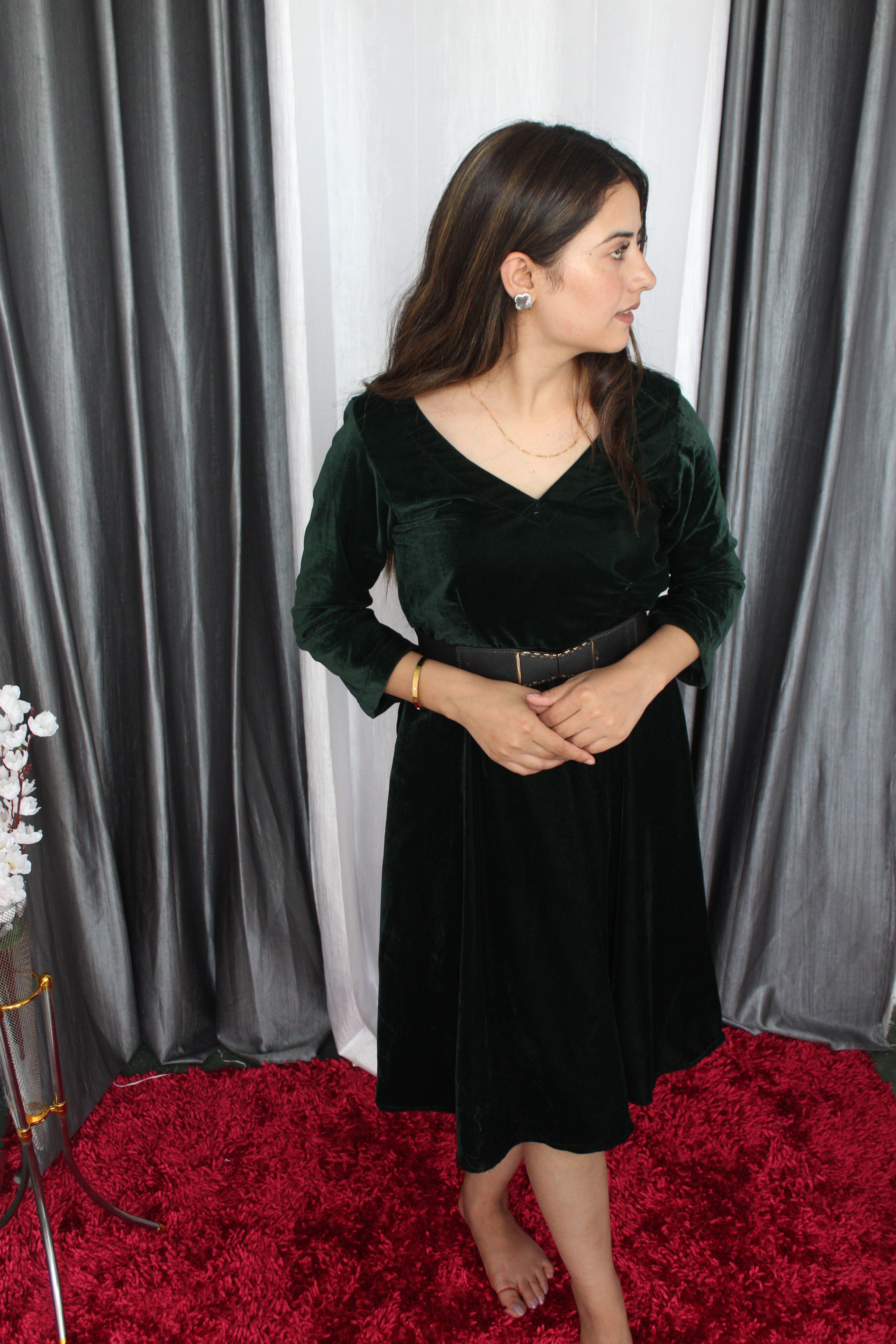 Velvet Knee-Length Dress V-SHAPED NECK