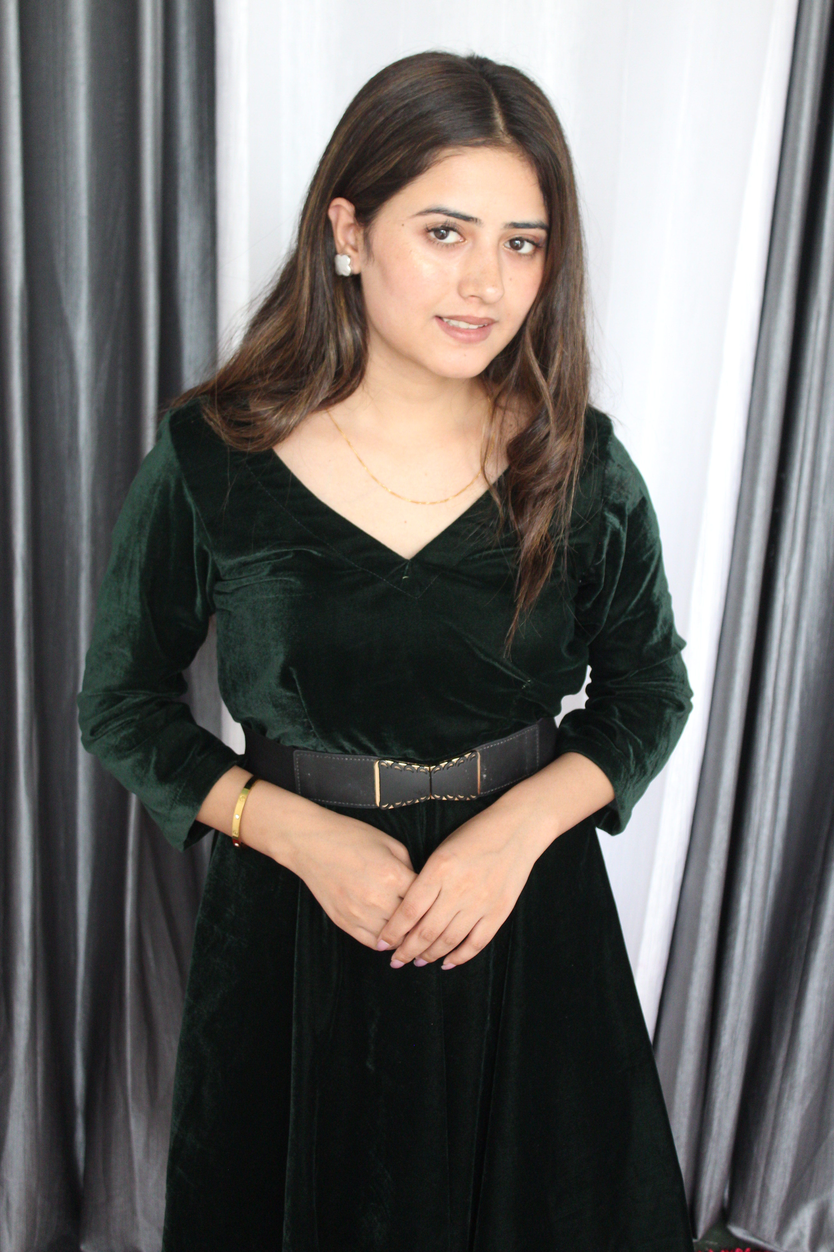 Velvet Knee-Length Dress V-SHAPED NECK