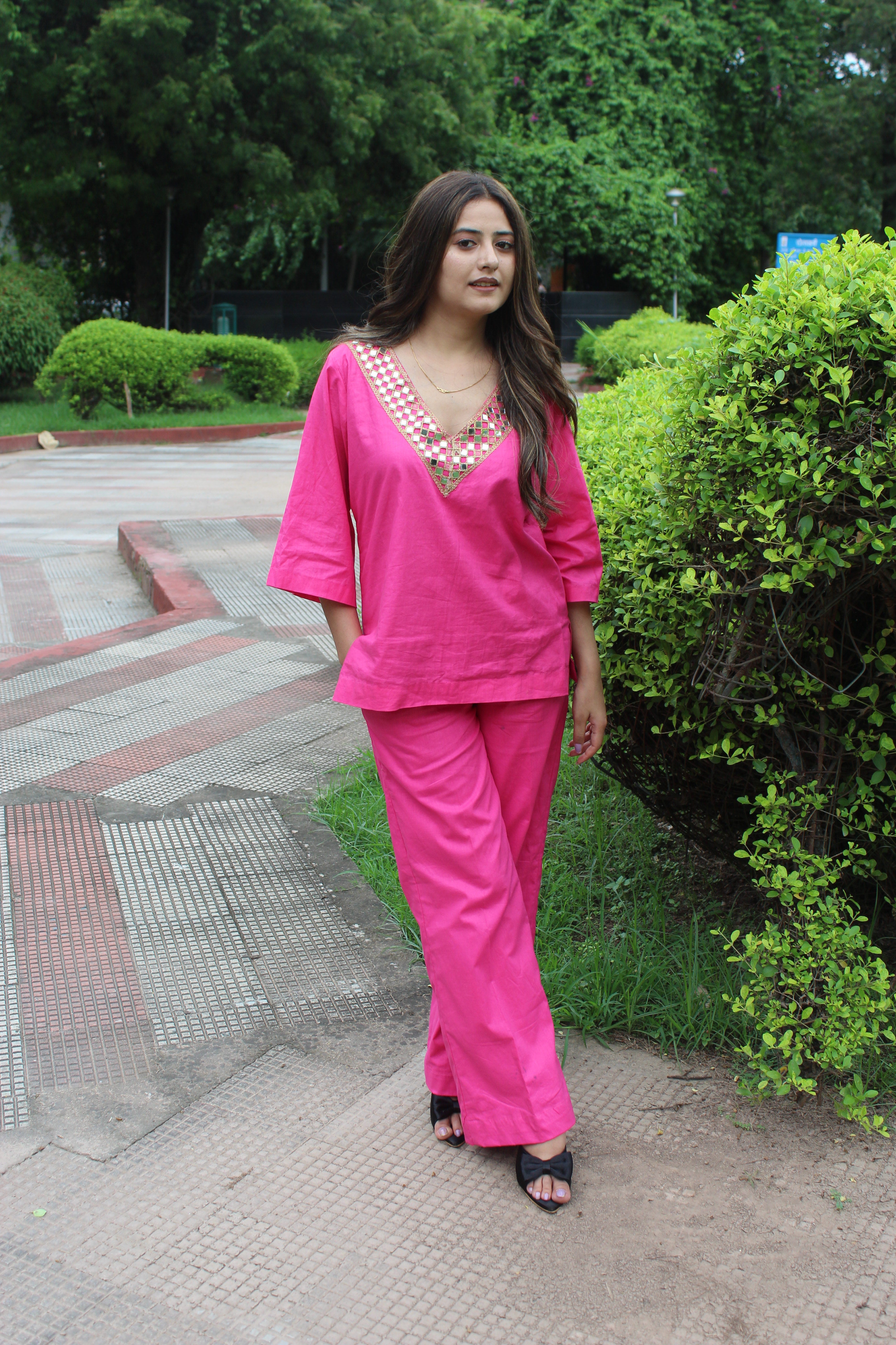 Pink Cord Set V-Neck Mirror Work Dress