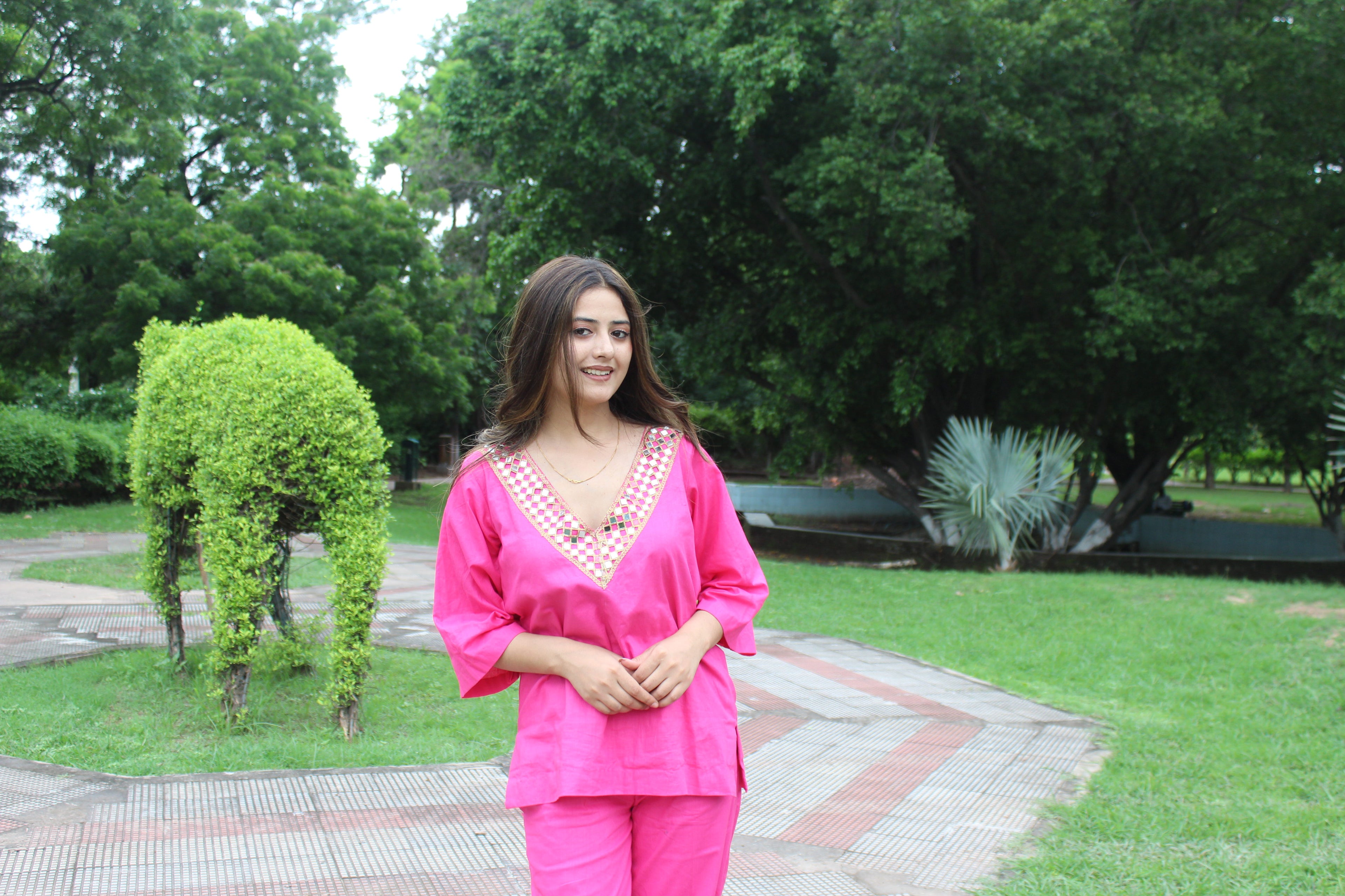 Pink Cord Set V-Neck Mirror Work Dress