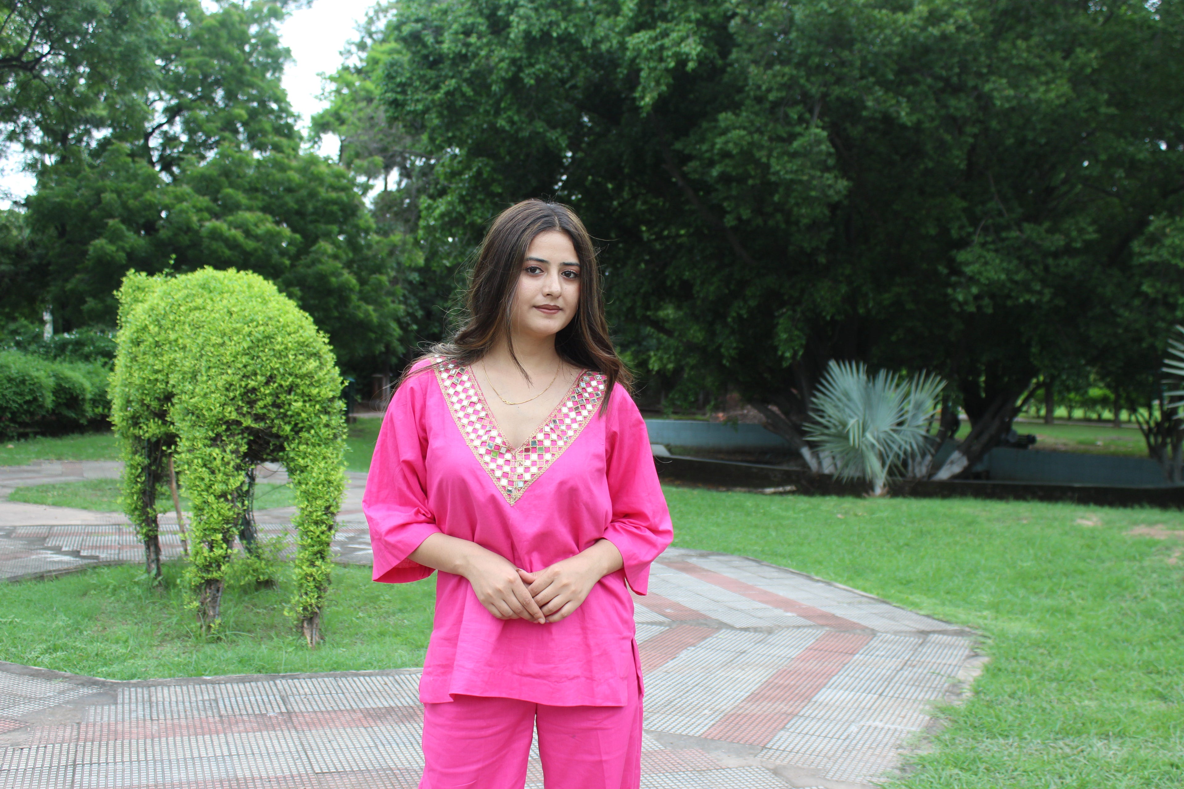 Pink Cord Set V-Neck Mirror Work Dress