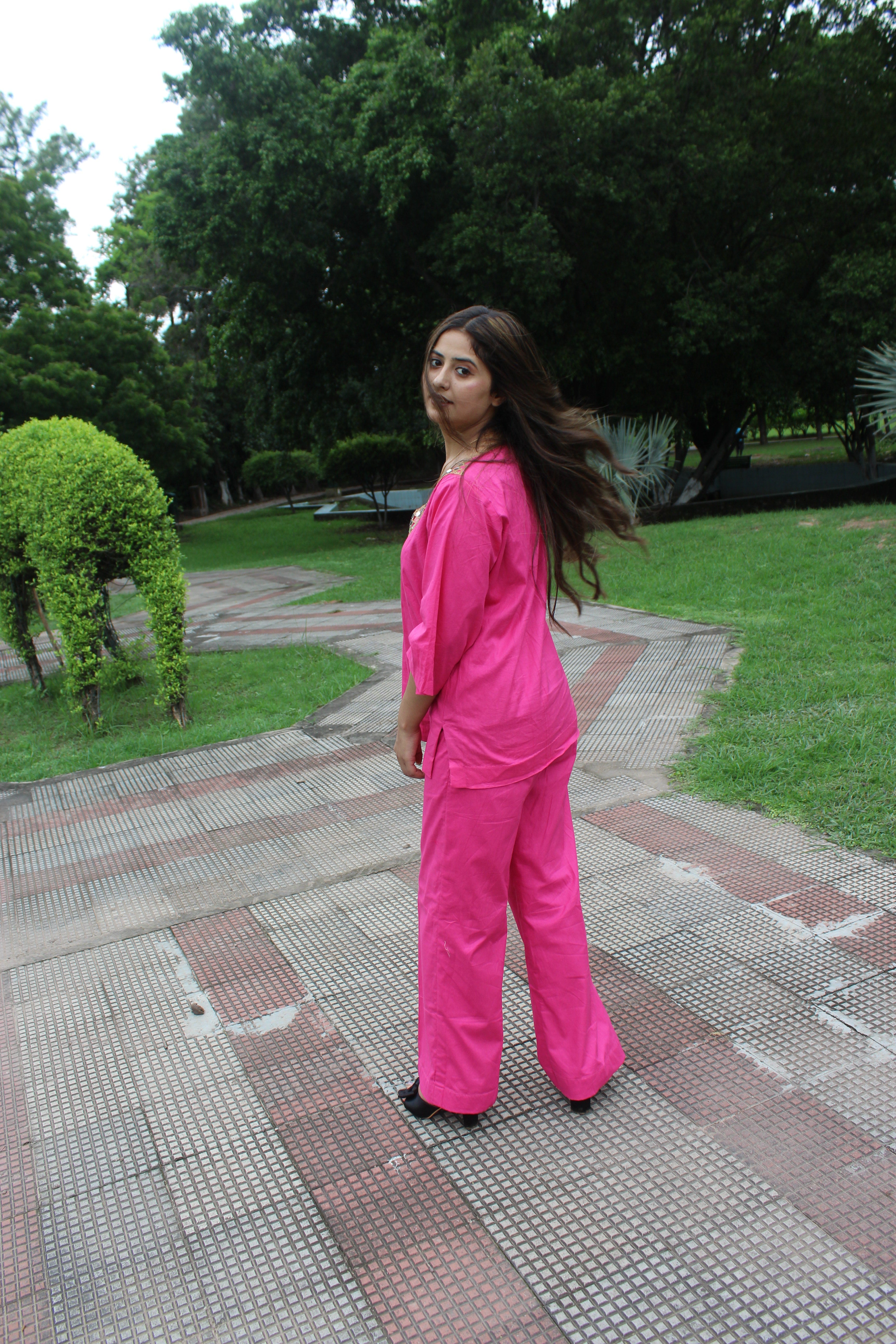 Pink Cord Set V-Neck Mirror Work Dress