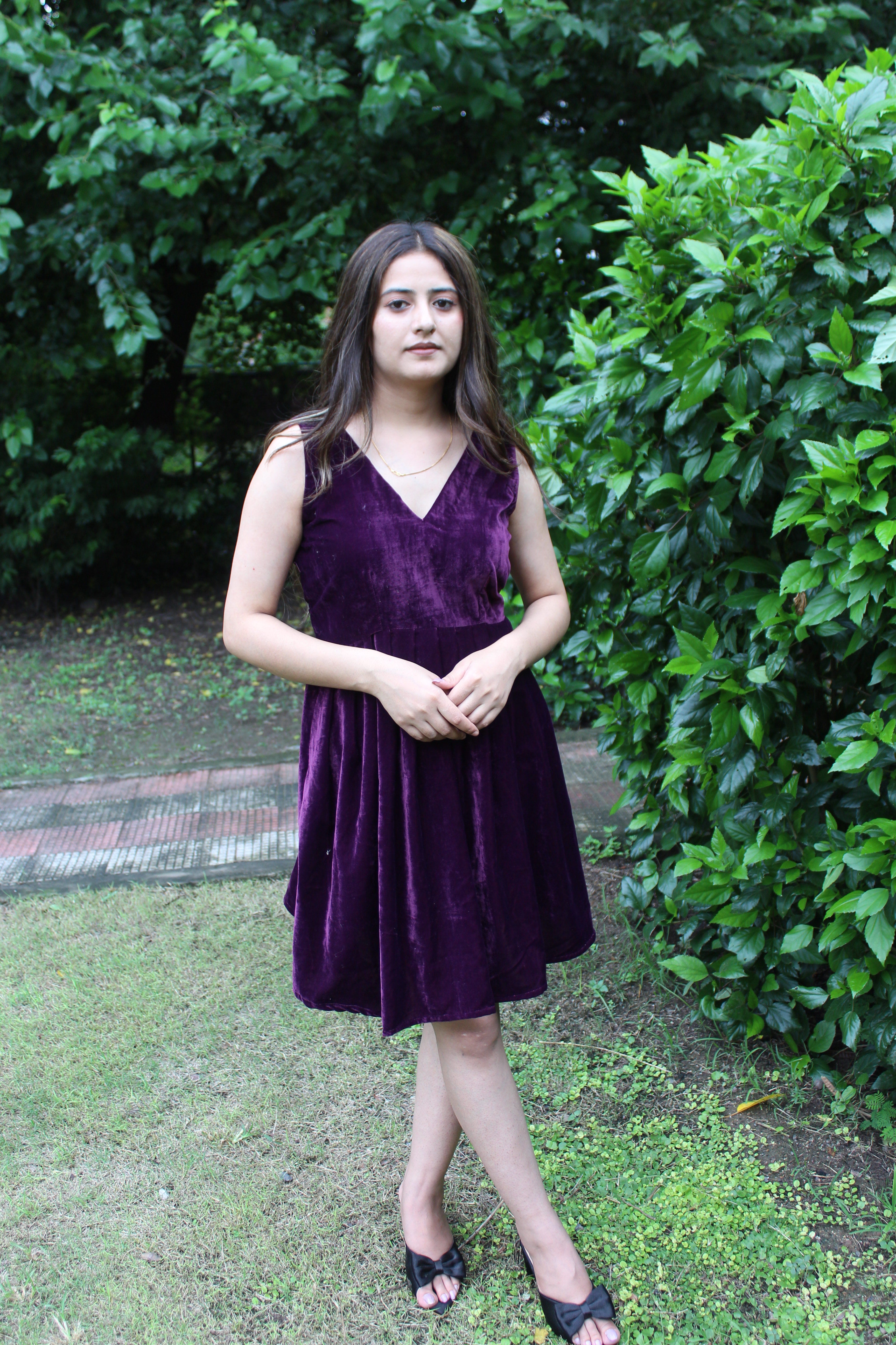 Velvet V-Neck Knee-Length Dress