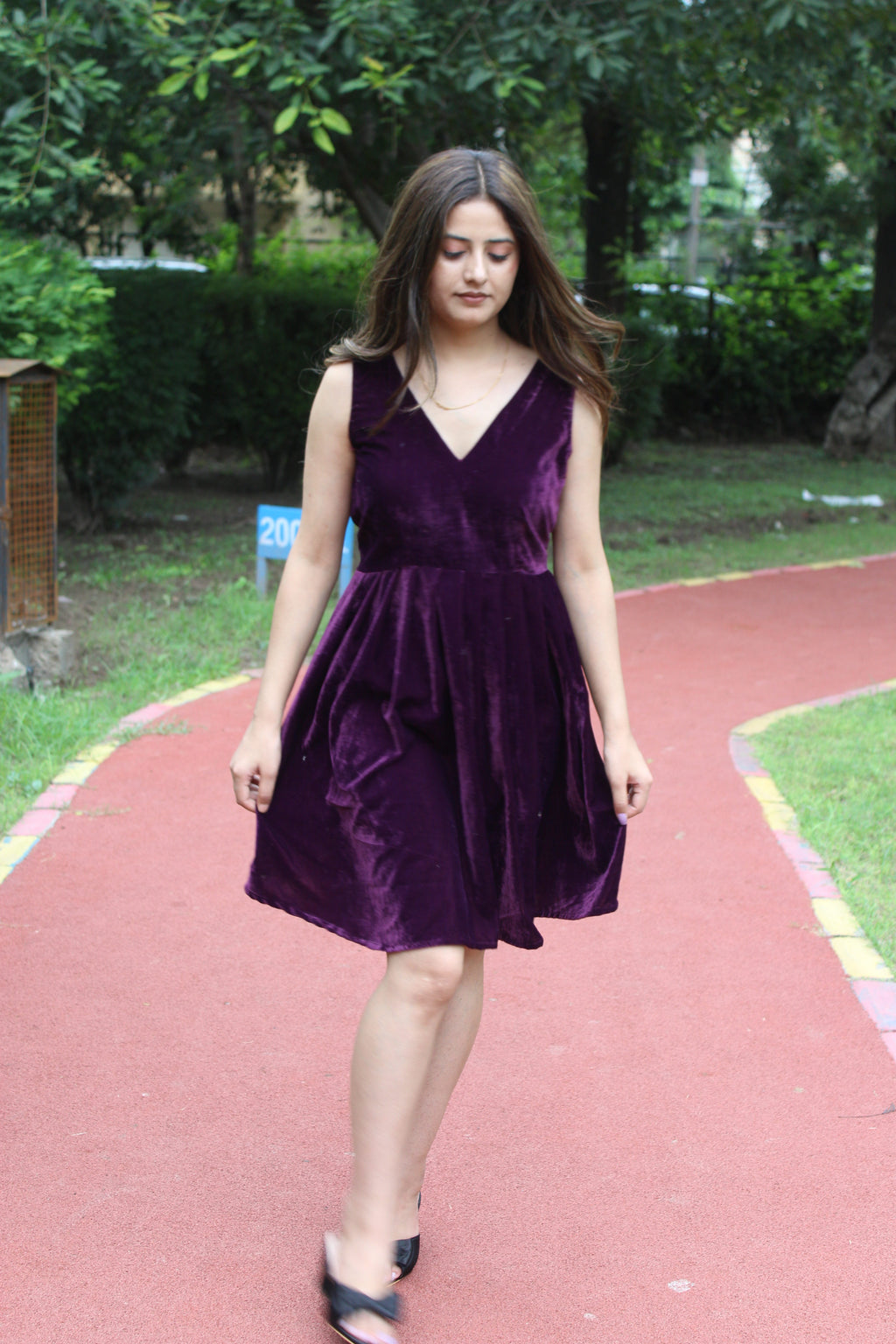 Velvet V-Neck Knee-Length Dress