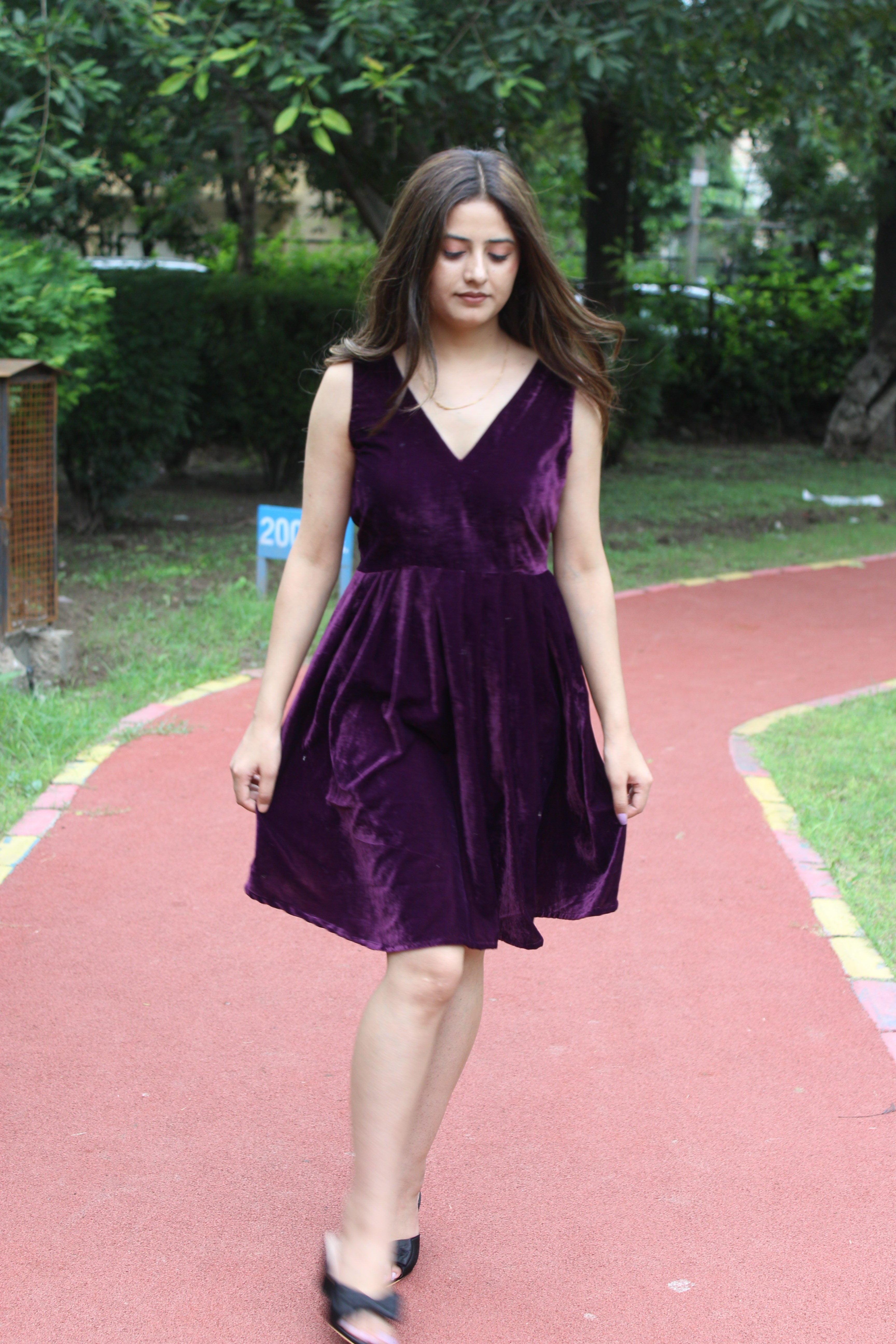 Velvet V-Neck Knee-Length Dress