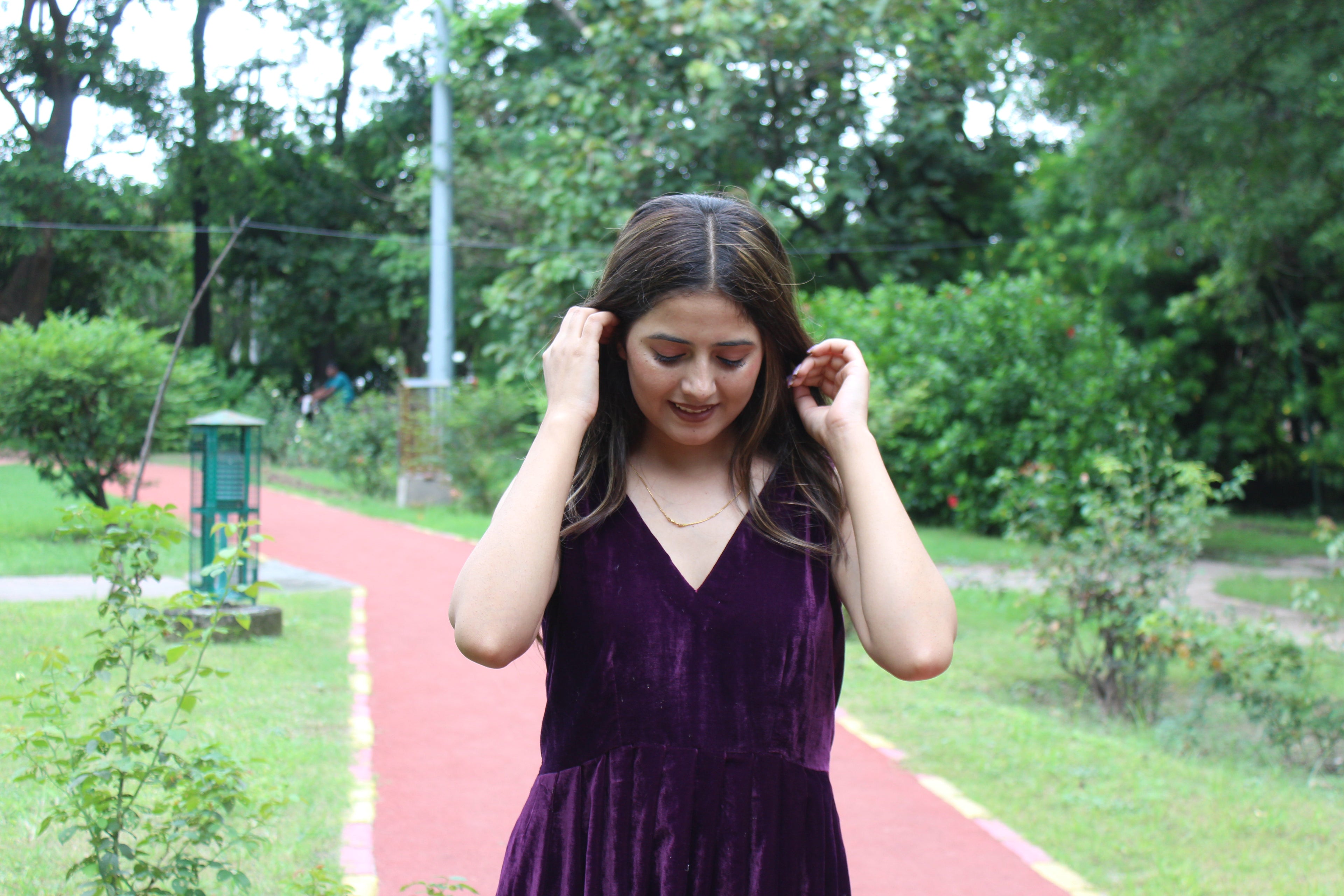 Velvet V-Neck Knee-Length Dress